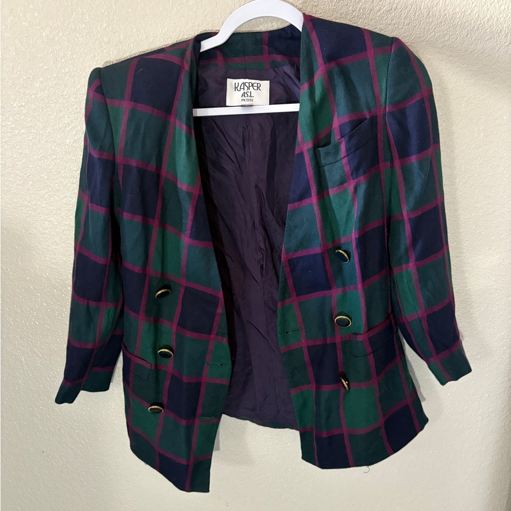 Kasper A.S.L. Green, Navy, and Purple Plaid Blazer Size 2P
